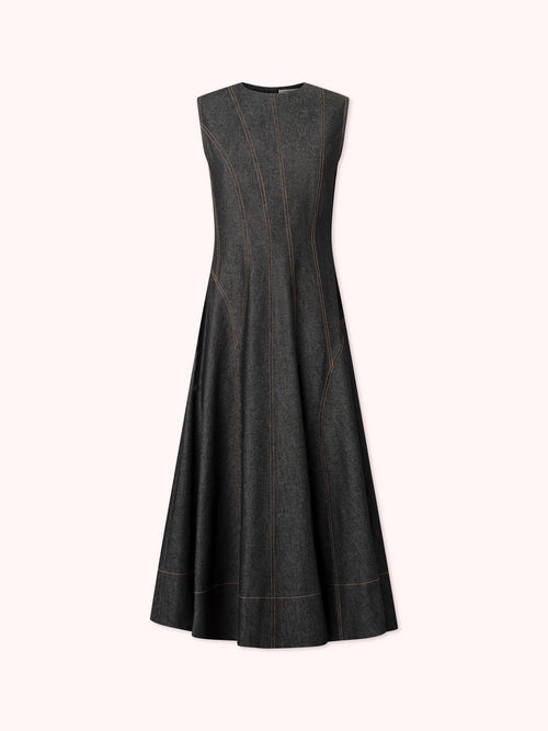 VESTIDO MIDI DENIM CON COSTURAS VISTAS NEGRO