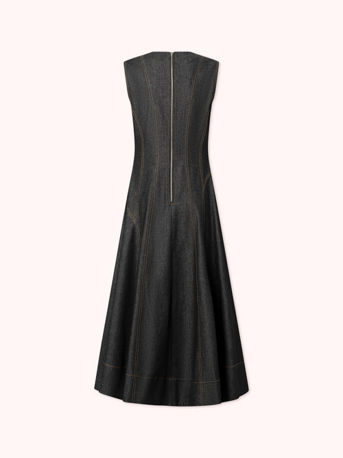 VESTIDO MIDI DENIM CON COSTURAS VISTAS NEGRO