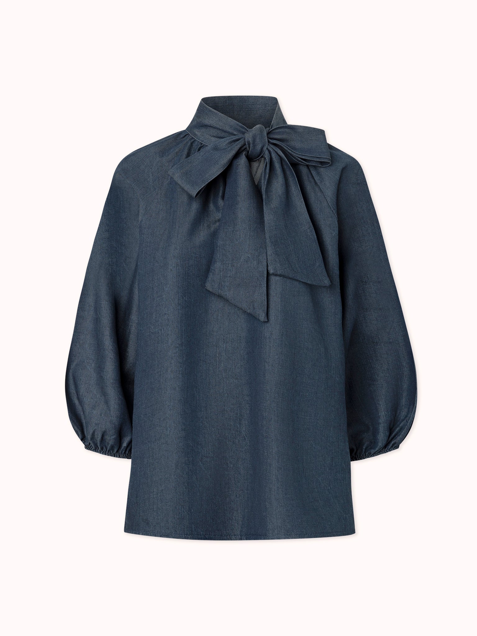 BLUSA MANGA ABULLONADA CON LAZO EN CUELLO EN DENIM