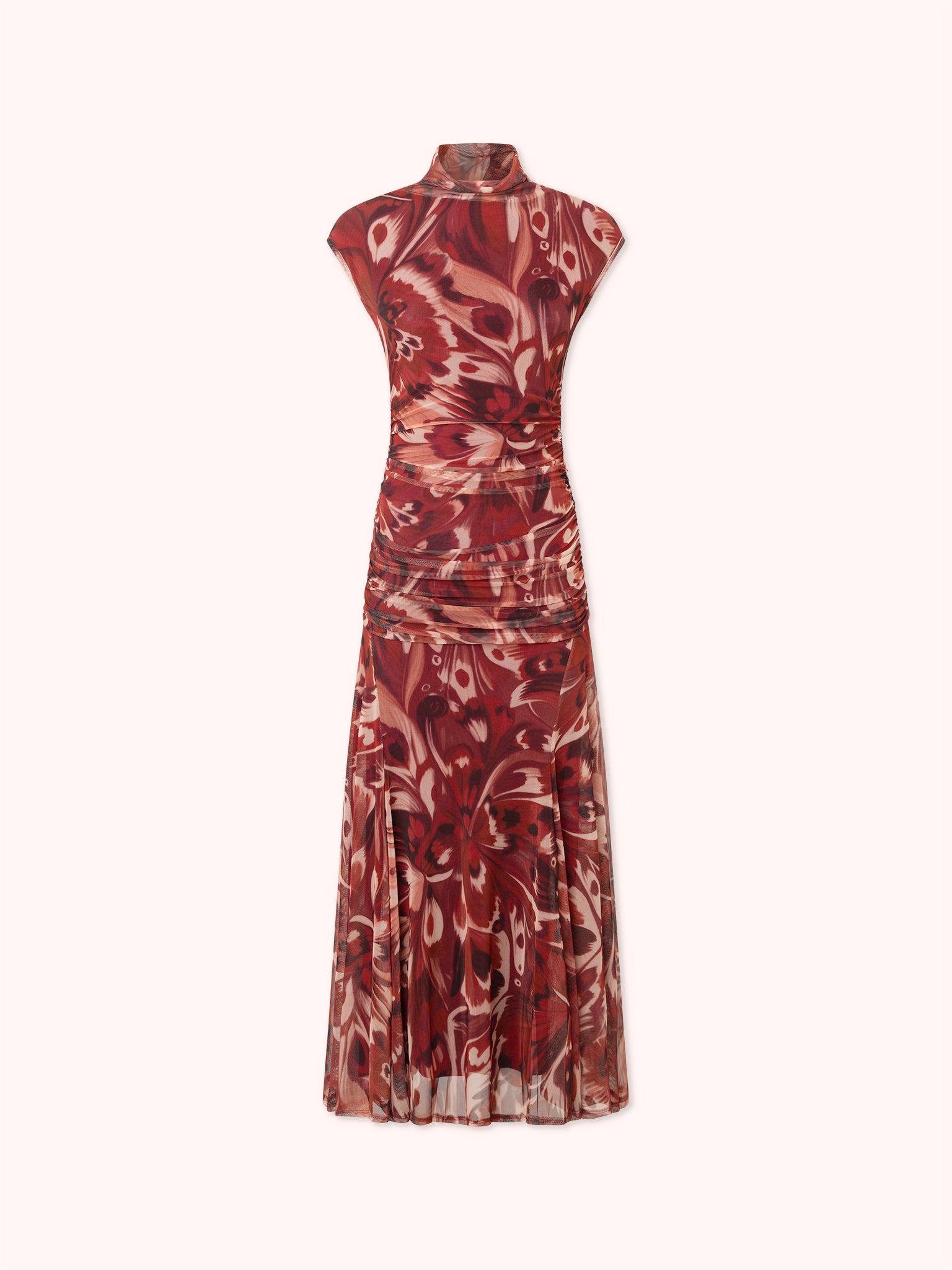 VESTIDO DRAPEADO DE TUL ESTAMPADO GRANATE