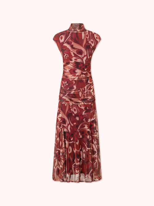 VESTIDO DRAPEADO DE TUL ESTAMPADO GRANATE