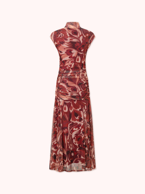 VESTIDO DRAPEADO DE TUL ESTAMPADO GRANATE