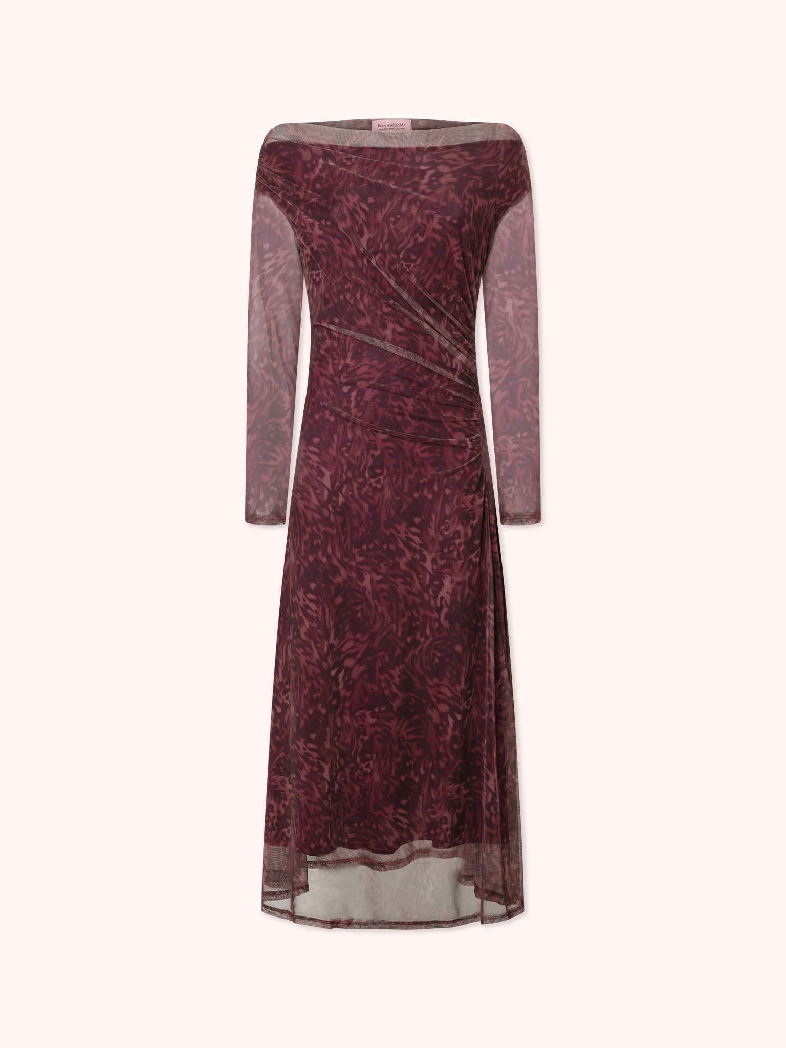 VESTIDO MANGA LARGA DRAPEADO CON ESTAMPADO MORADO