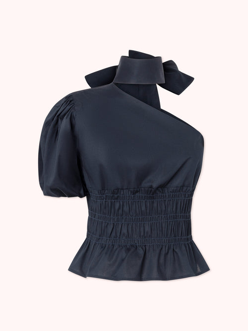 TOP ASIMÉTRICO EN ALGODÓN AZUL MARINO