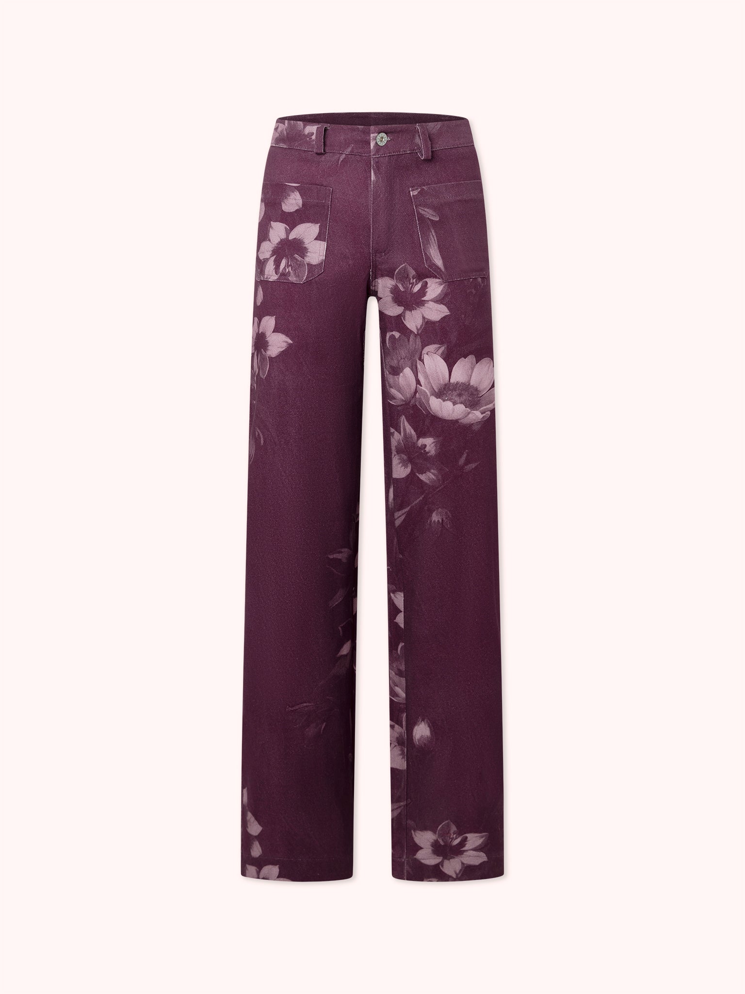 PANTALÓN FLAIRE CON ESTAMPADO FLORAL MORADO