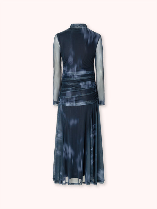 VESTIDO CUELLO ALTO CON DRAPEADO AZUL MARINO
