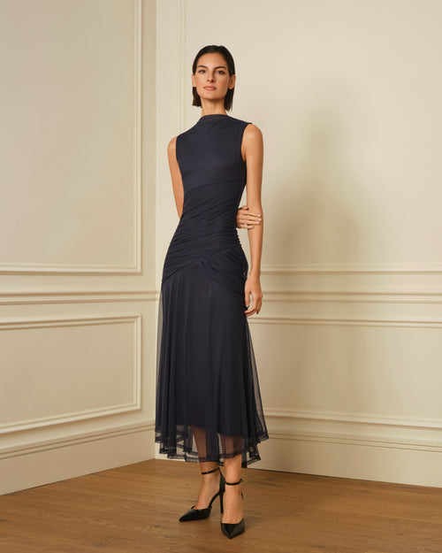 VESTIDO DE TUL DRAPEADO NAVY