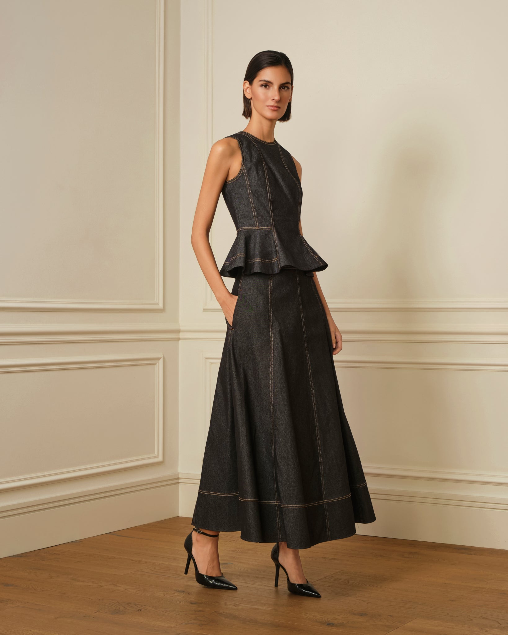 FALDA MIDI DENIM NEGRO