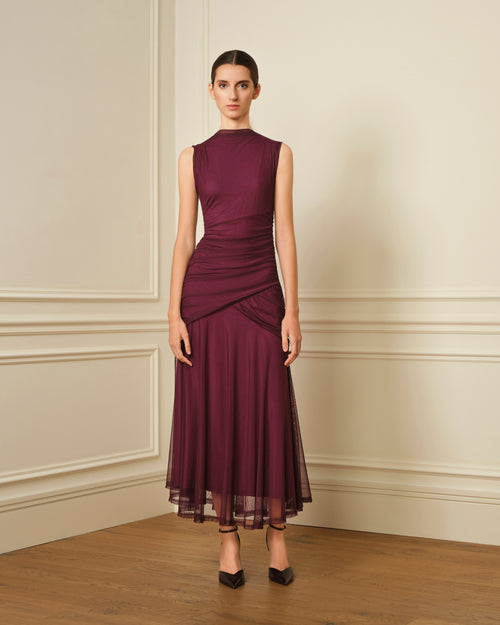 VESTIDO DE TUL DRAPEADO VIOLETA