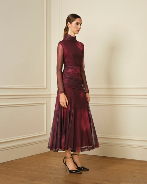VESTIDO CUELLO ALTO CON DRAPEADO BURDEOS