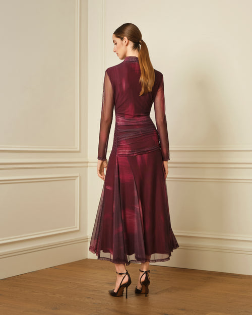 VESTIDO CUELLO ALTO CON DRAPEADO BURDEOS