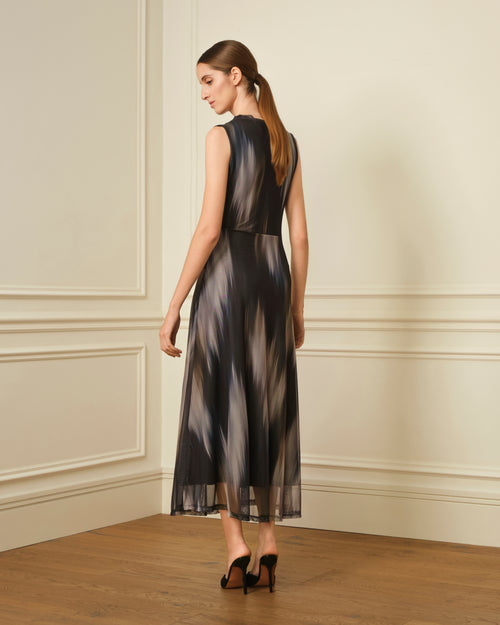 VESTIDO TUL ESTAMPADO IKAT NEGRO