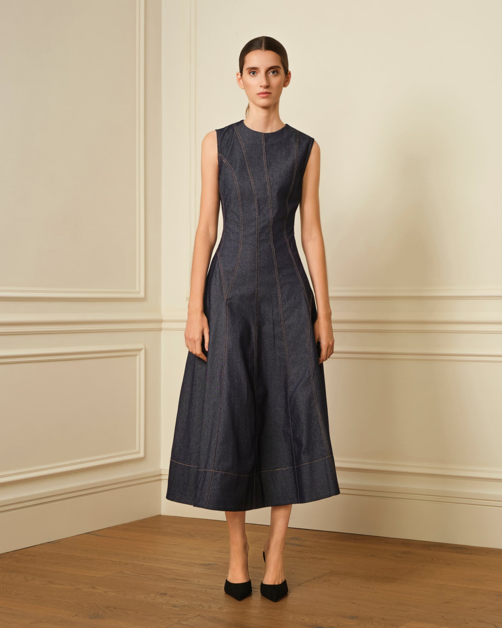 VESTIDO MIDI DENIM CON COSTURAS VISTAS AZUL