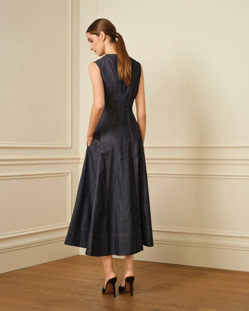 VESTIDO MIDI DENIM CON COSTURAS VISTAS AZUL