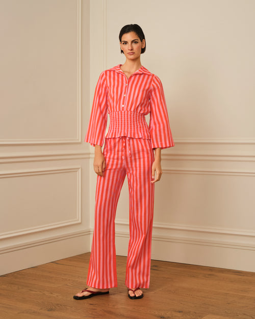 CAMISA NIDO DE ABEJA CON RAYAS ROSA Y NARANJA