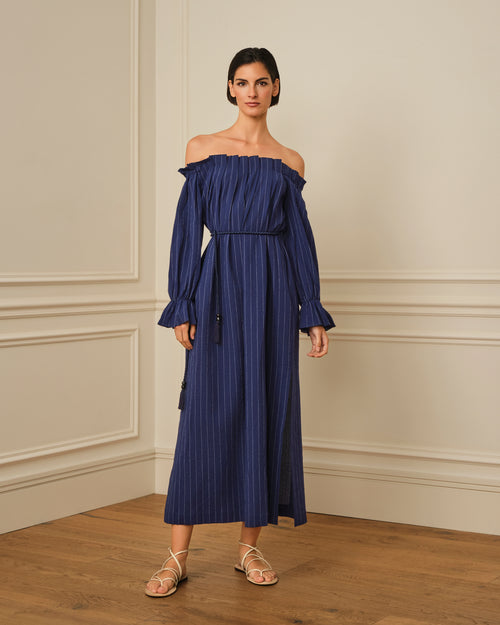 VESTIDO BARDOT ESTAMPADO RAYAS AZUL