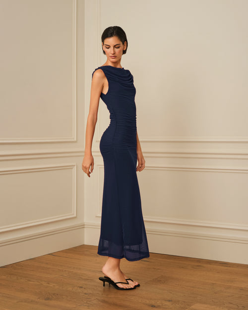 VESTIDO DE TUL CON ESCOTE DRAPEADO AZUL