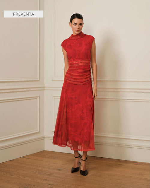 VESTIDO DRAPEADO DE TUL ESTAMPADO ROJO