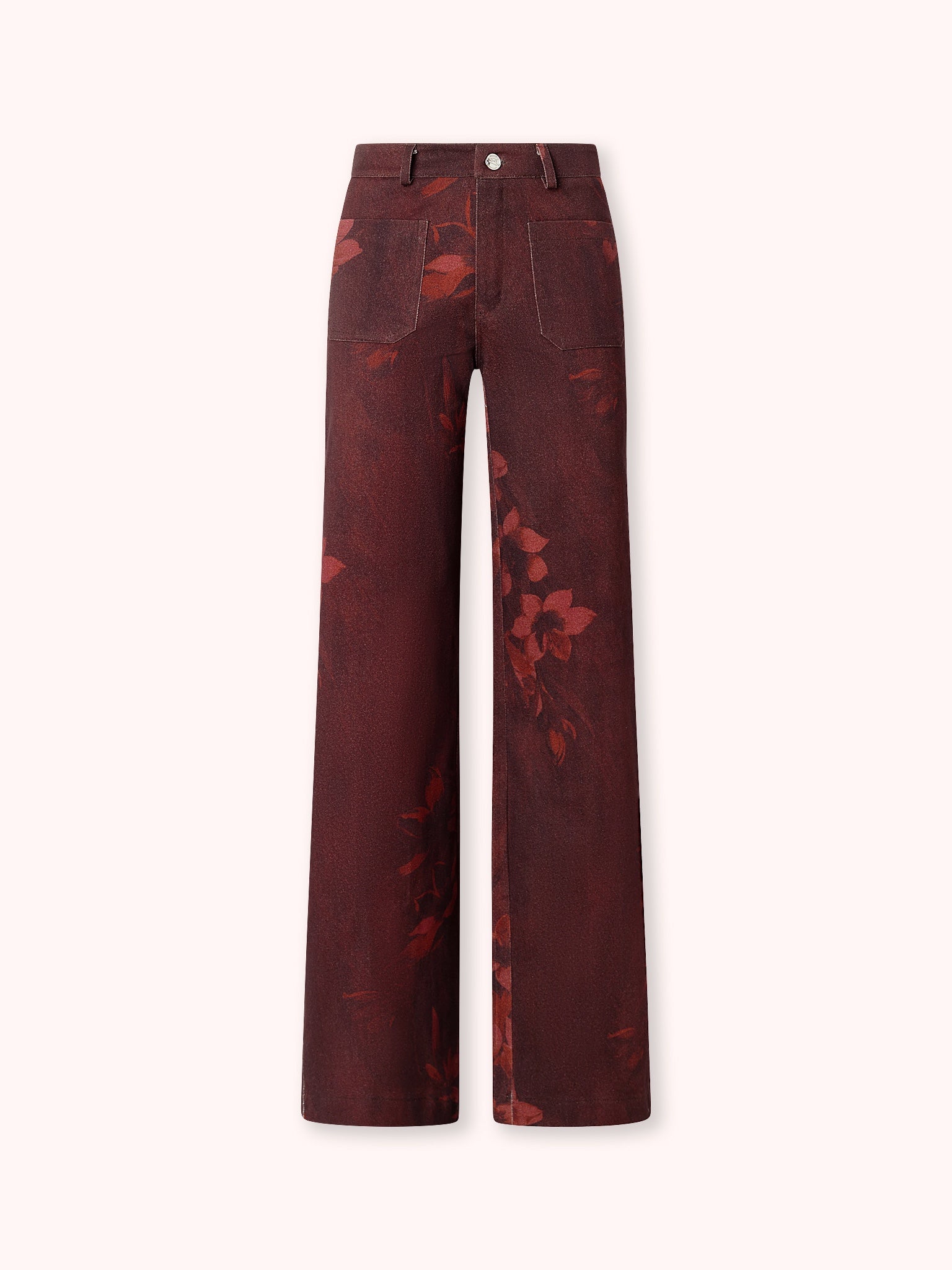 PANTALÓN FLARE CON ESTAMPADO FLORAL BURDEOS