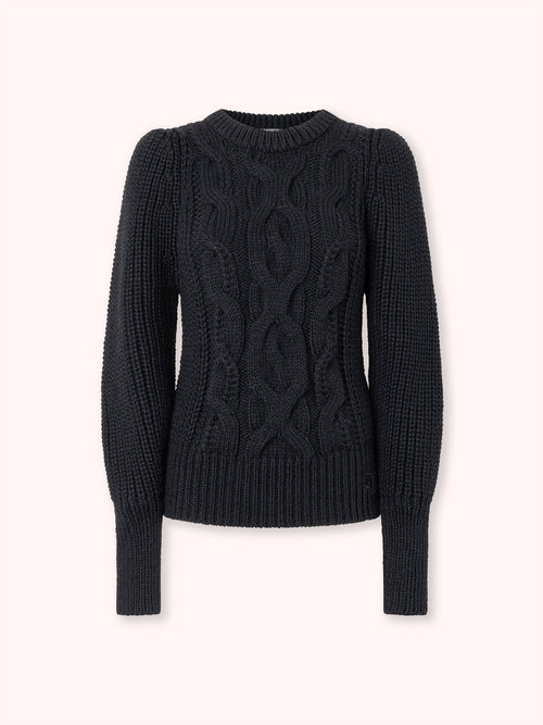 SUÉTER DE PUNTO TRENZADO CON MANGA ABULLONADA AZUL MARINO