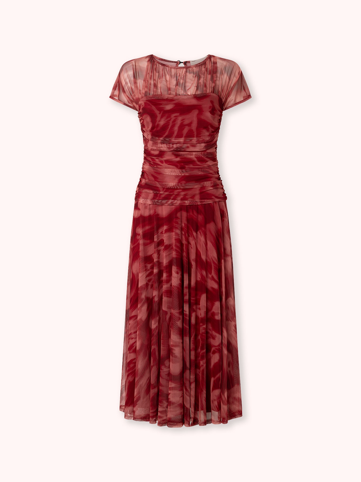 VESTIDO MIDI DRAPEADO DE TUL ESTAMPADO ROJO