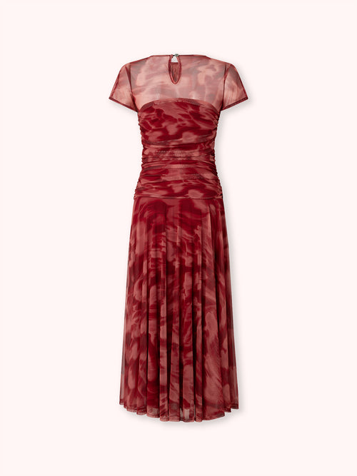 VESTIDO MIDI DRAPEADO DE TUL ESTAMPADO ROJO