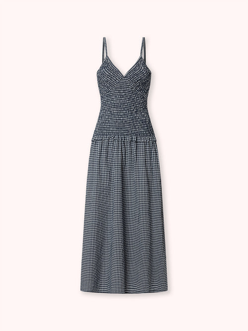 VESTIDO DE TIRANTES CON ESTAMPADO DE VICHY AZUL MARINO