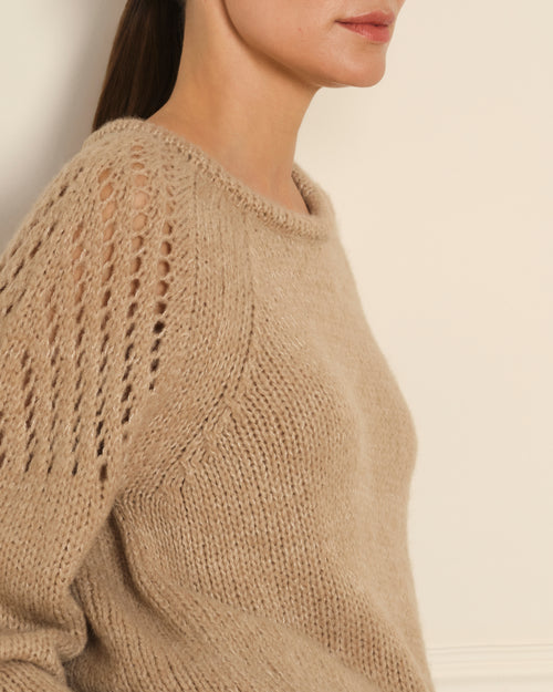 SUÉTER DE PUNTO CALADO CON CUELLO REDONDO BEIGE