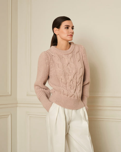 SUÉTER DE PUNTO TRENZADO CON MANGA ABULLONADA ROSA