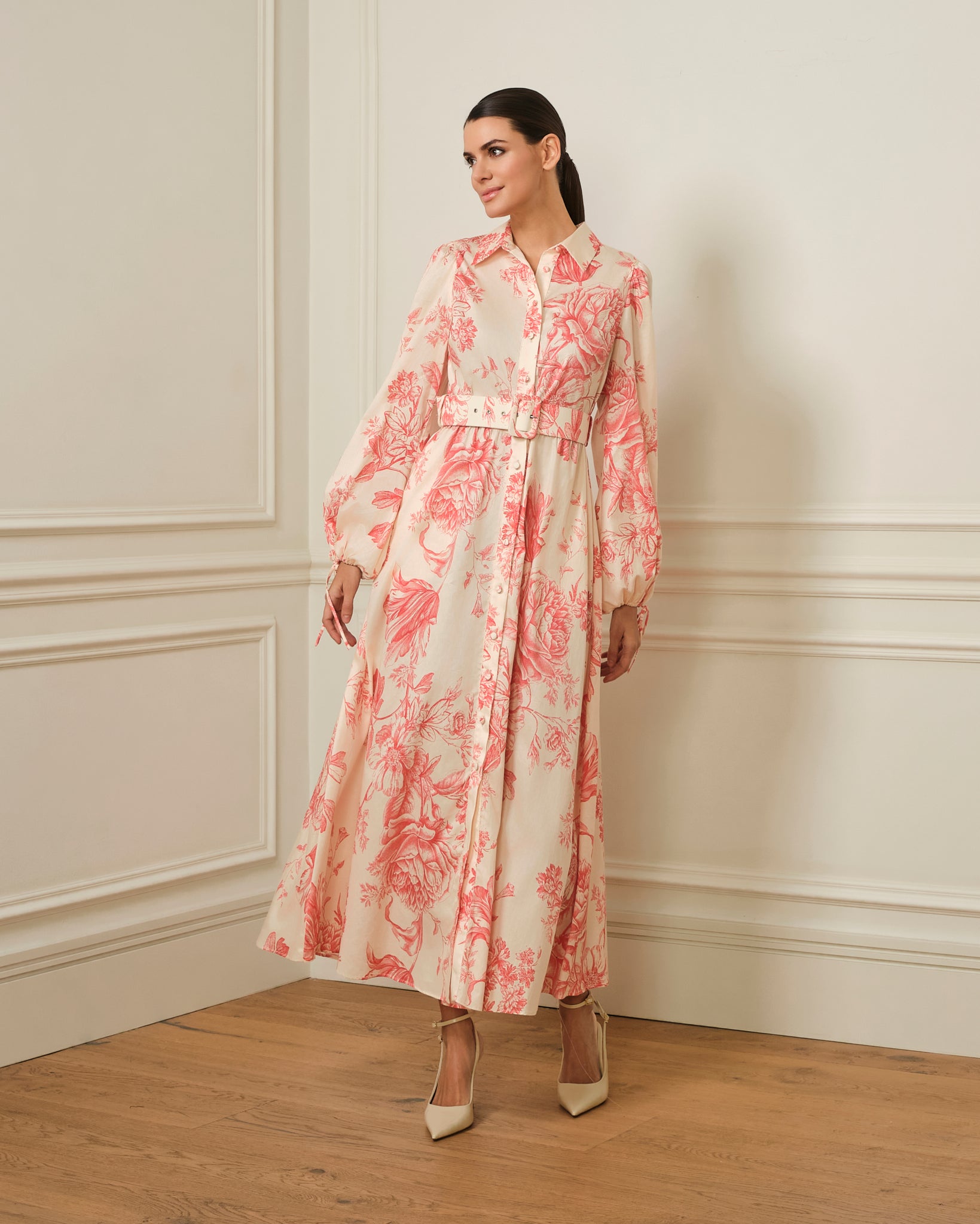 VESTIDO CAMISERO CON CINTURÓN ESTAMPADO ROSA