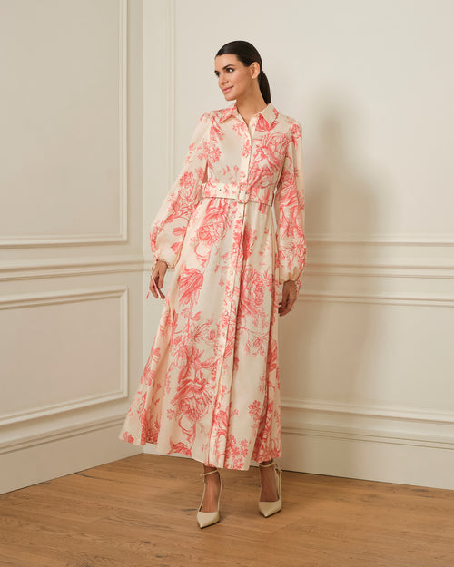 VESTIDO CAMISERO CON CINTURÓN ESTAMPADO ROSA