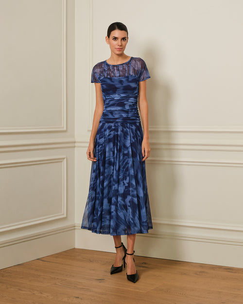 VESTIDO DRAPEADO DE TUL ESTAMPADO AZUL MARINO