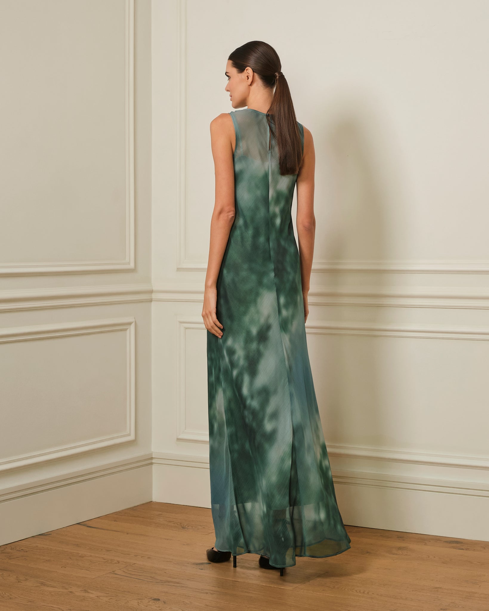 VESTIDO LARGO GASA CON ESTAMPADO VERDE