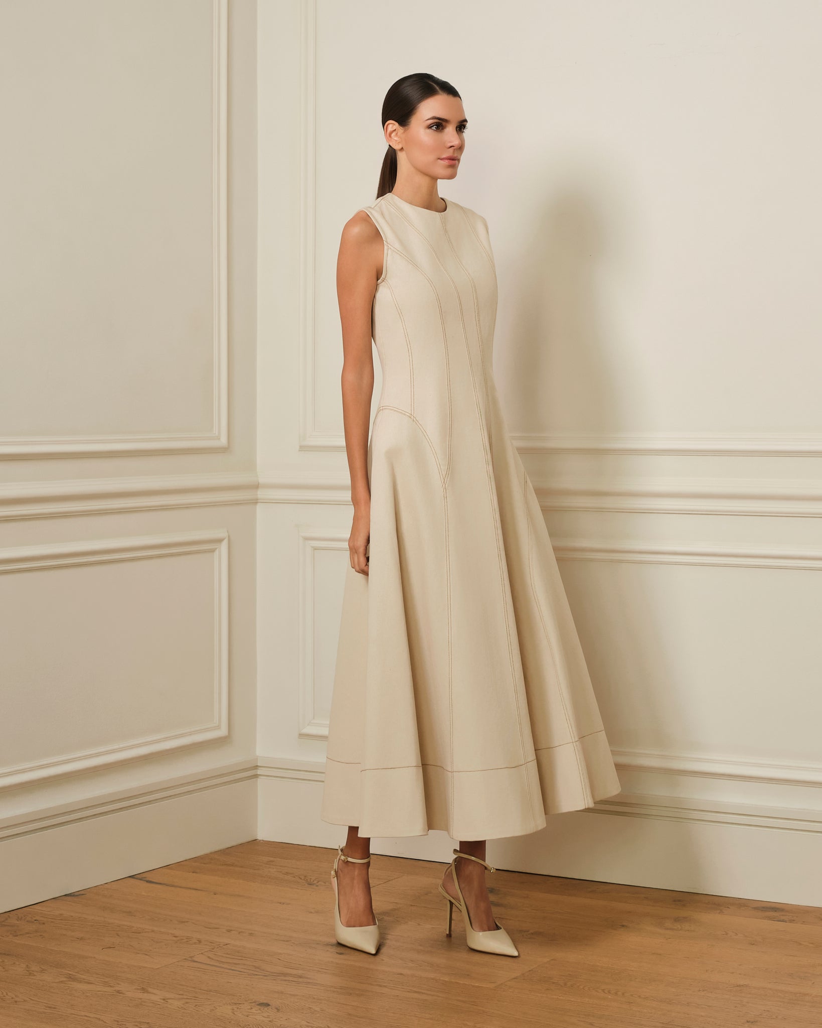 PREVENTA VESTIDO MIDI DENIM CON COSTURAS VISTAS OFF-WHITE