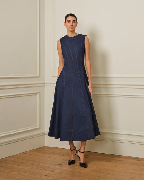 PREVENTA VESTIDO MIDI DENIM CON COSTURAS VISTAS AZUL