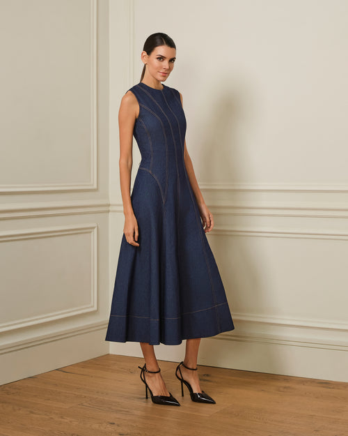 PREVENTA VESTIDO MIDI DENIM CON COSTURAS VISTAS AZUL