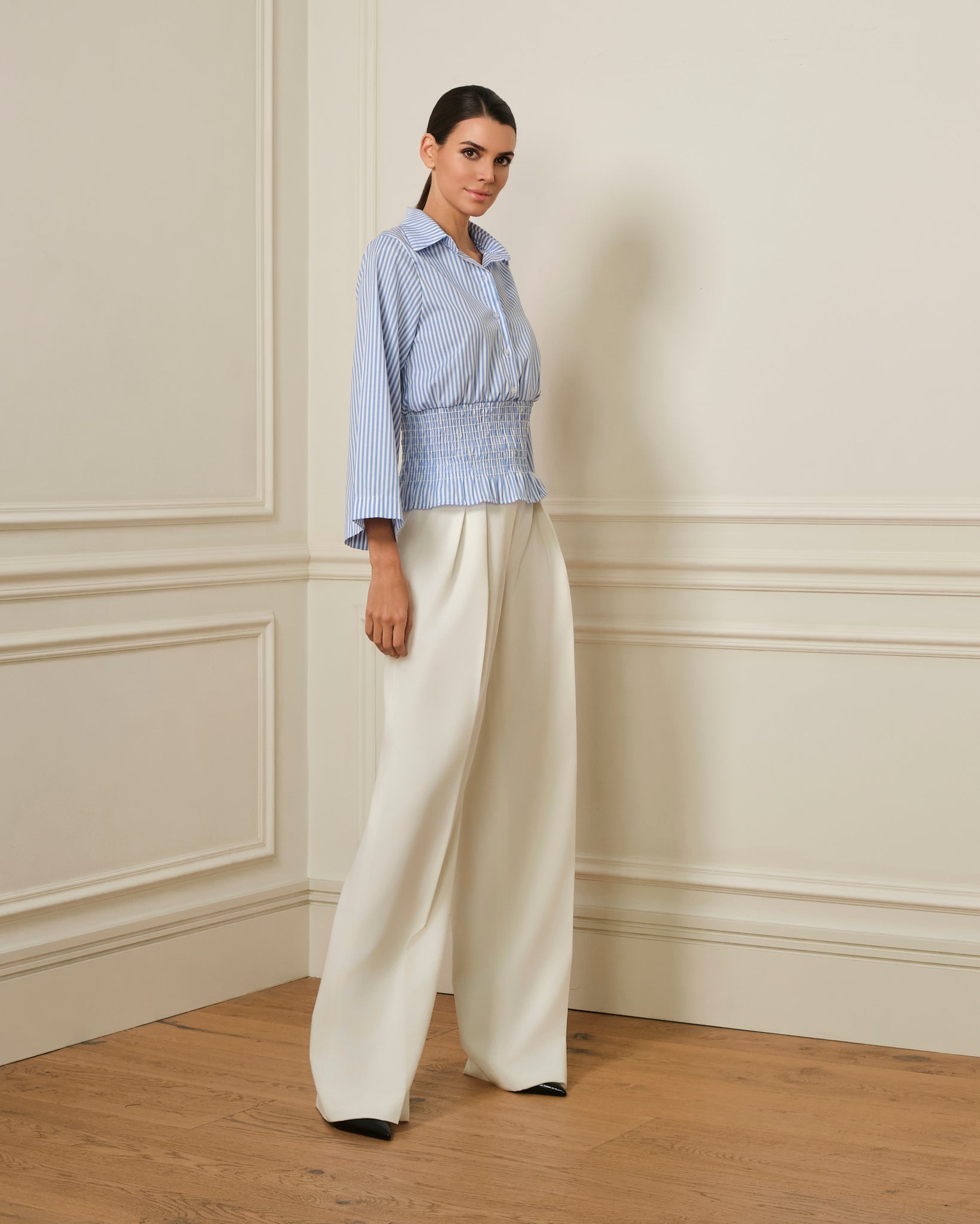 CAMISA FRUNCIDA DE RAYAS AZUL