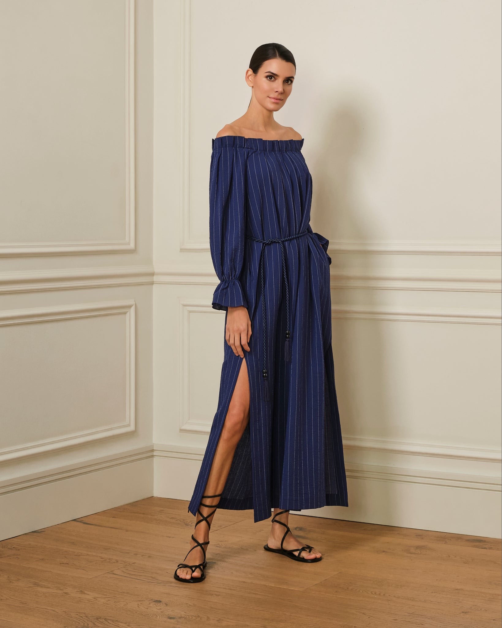 VESTIDO BARDOT ESTAMPADO RAYAS AZUL