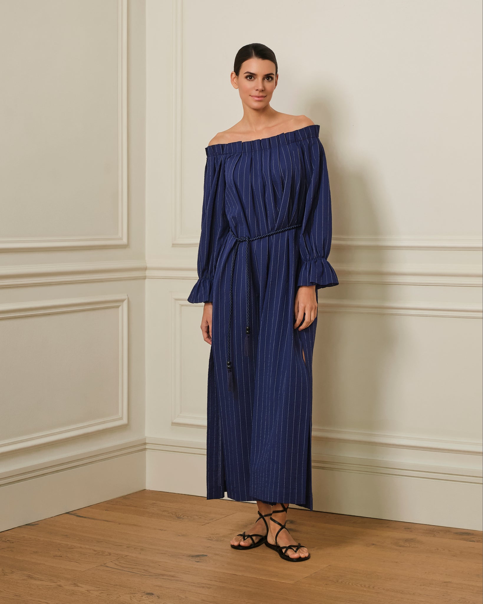 VESTIDO BARDOT ESTAMPADO RAYAS AZUL