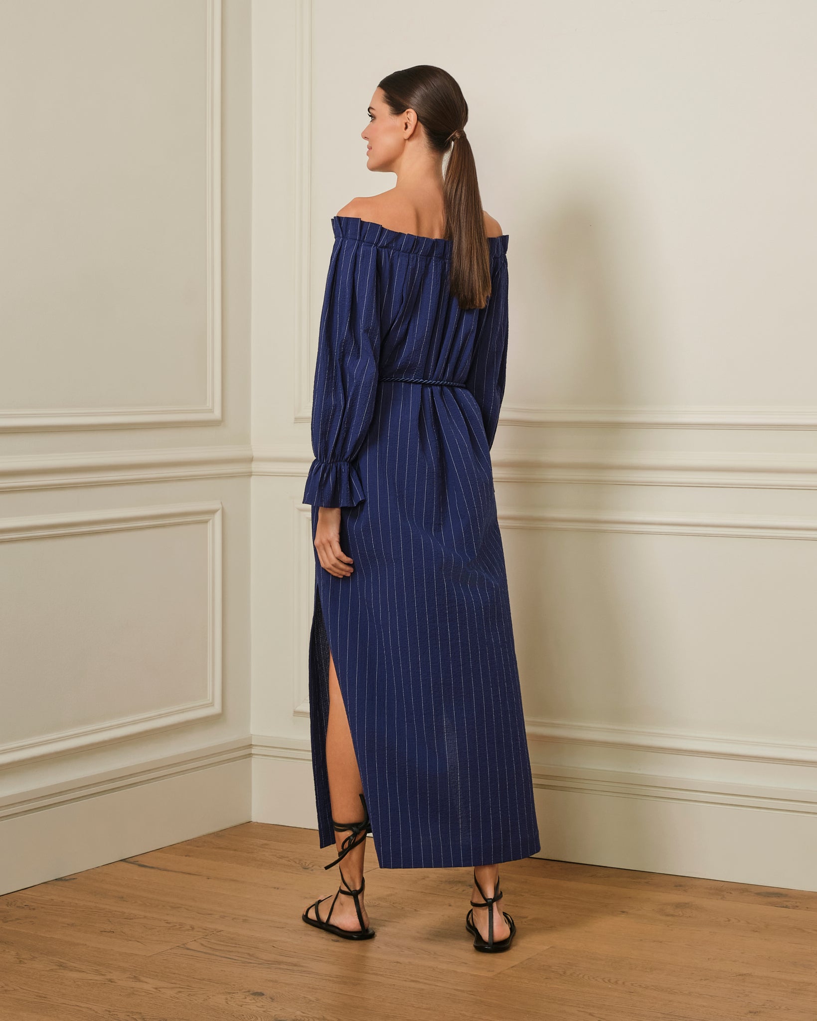 VESTIDO BARDOT ESTAMPADO RAYAS AZUL