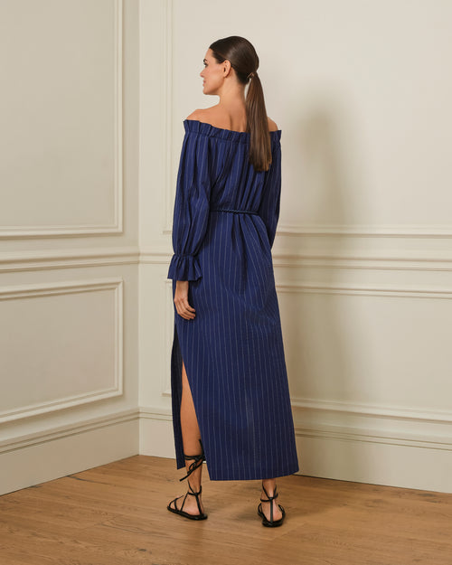 VESTIDO BARDOT ESTAMPADO RAYAS AZUL