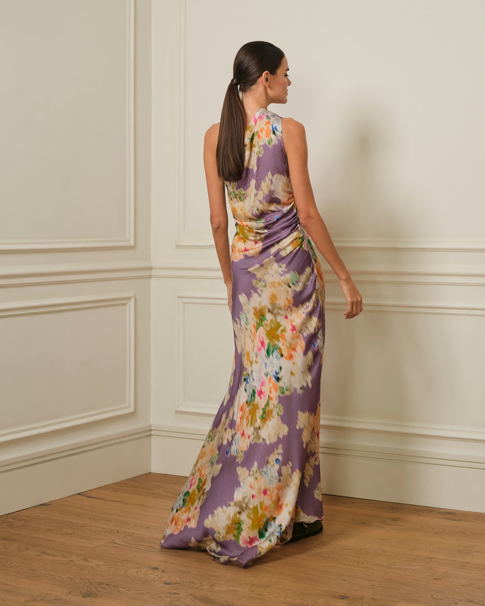 VESTIDO ASIMETRICO LILA ESTAMPADO FLORAL