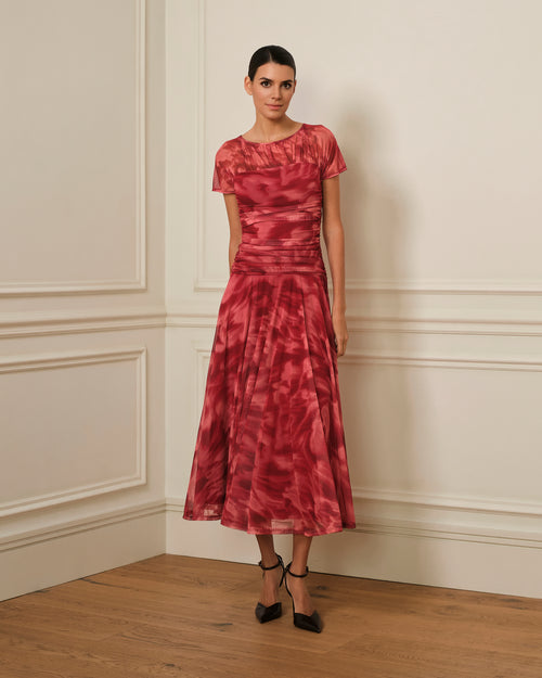 VESTIDO MIDI DRAPEADO DE TUL ESTAMPADO ROJO