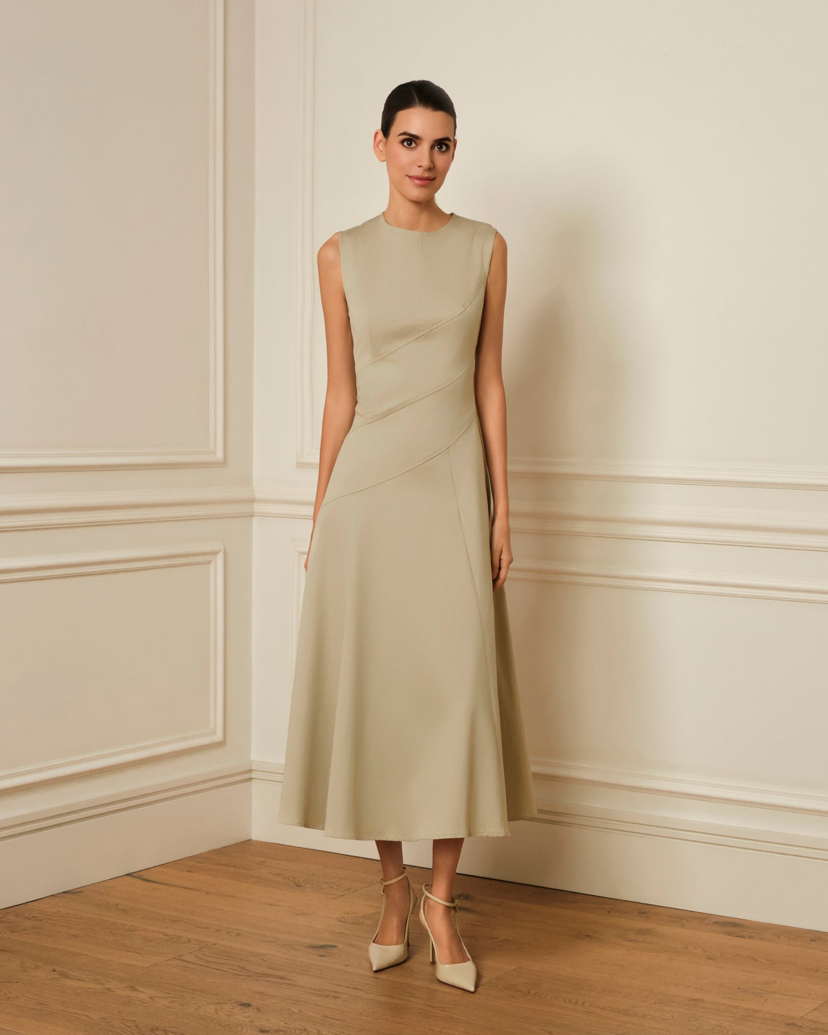 VESTIDO MIDI CON COSTURAS VISTAS BEIGE