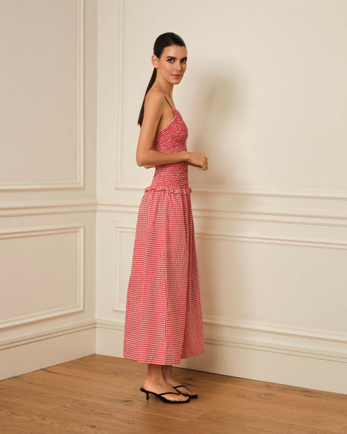 VESTIDO DE TIRANTES CON ESTAMPADO VICHY ROJO