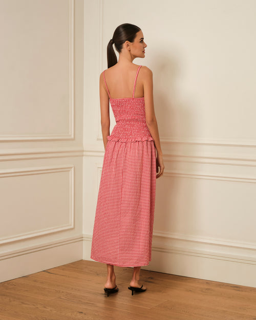 VESTIDO DE TIRANTES CON ESTAMPADO VICHY ROJO