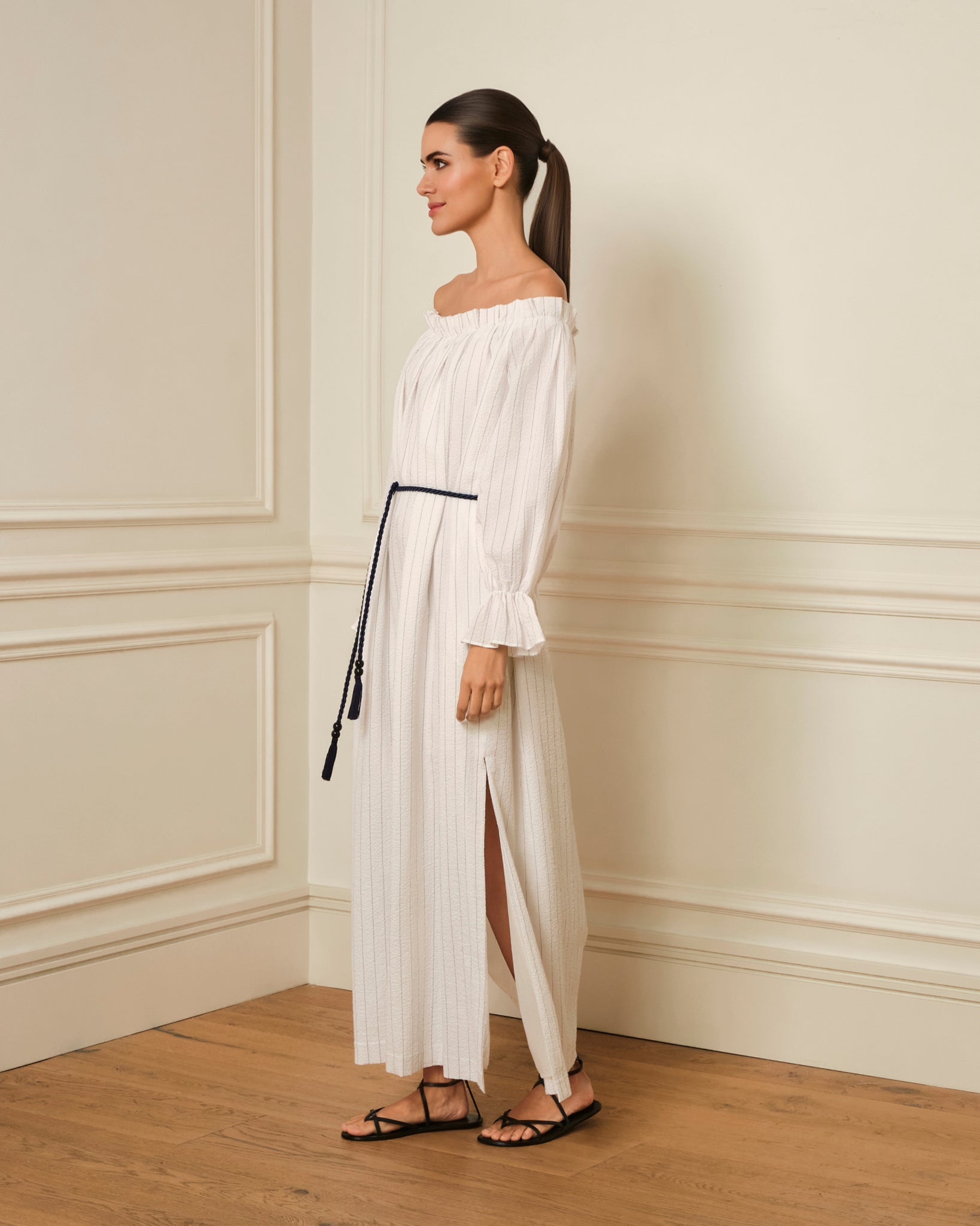 VESTIDO BARDOT ESTAMPADO RAYAS BLANCO