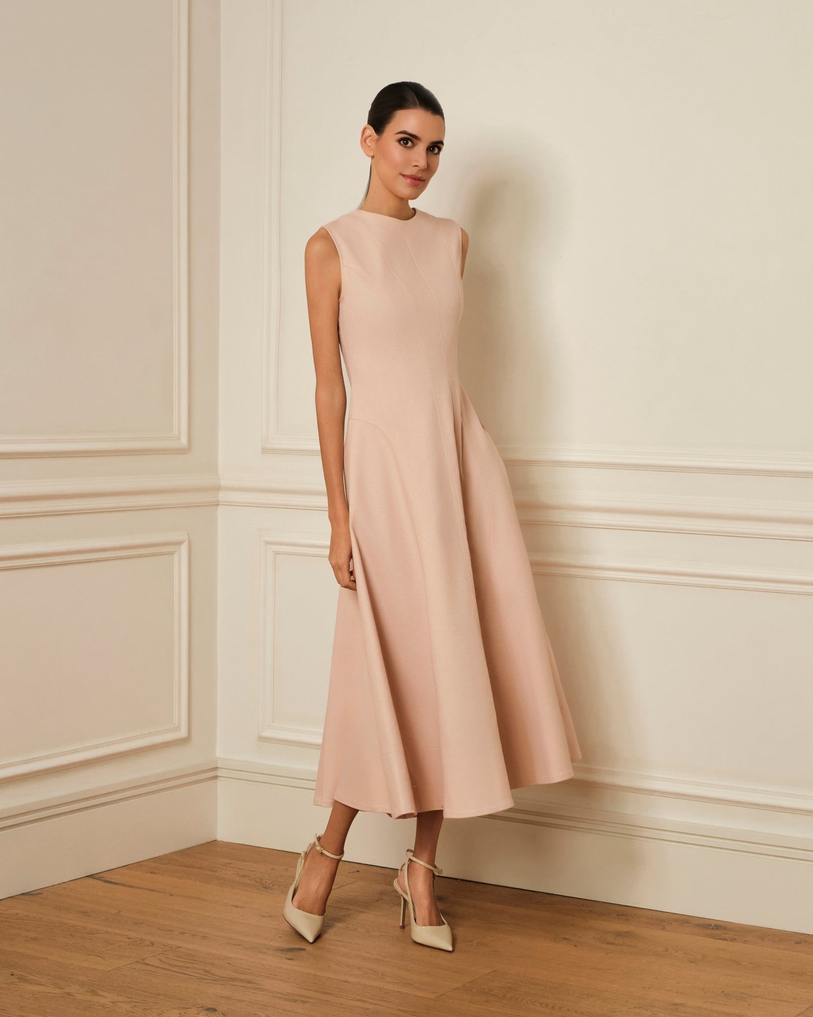 VESTIDO MIDI DENIM CON COSTURAS VISTAS ROSA