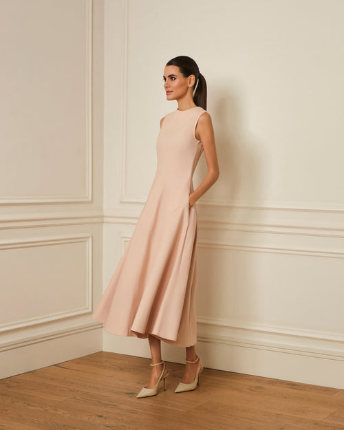 VESTIDO MIDI DENIM CON COSTURAS VISTAS ROSA