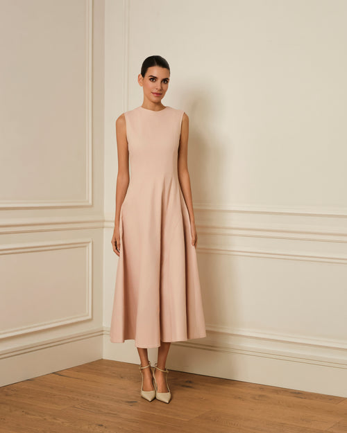 VESTIDO MIDI DENIM CON COSTURAS VISTAS ROSA